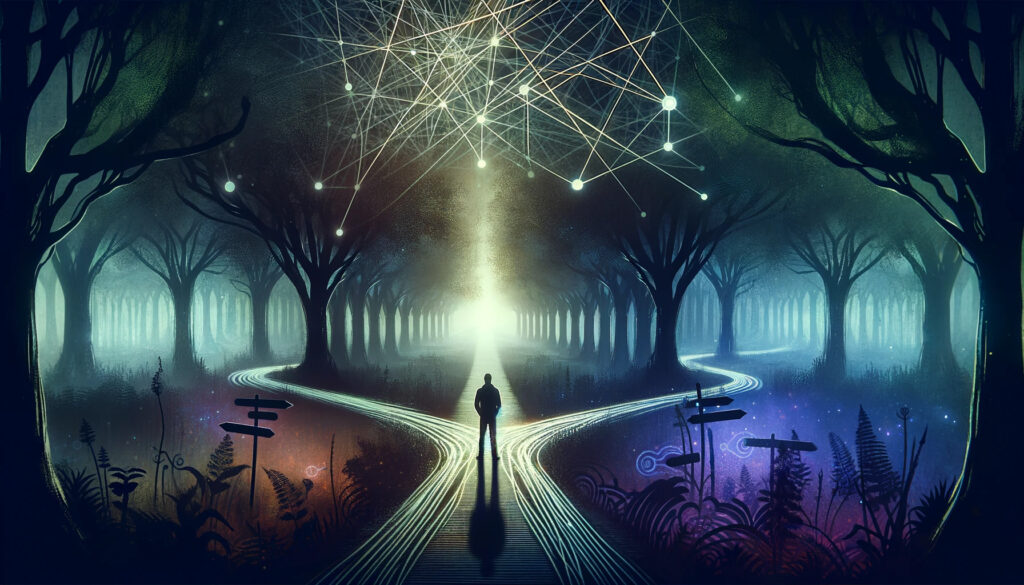 Immagine di copertina nella quale la silhouette di un uomo si staglia di fronte a un bivio simbolico in una misteriosa foresta, che simboleggia il momento della scelta. Una rete intricata di strade e indicazioni indica la complessità delle decisioni in Bandersnatch Black Mirror.