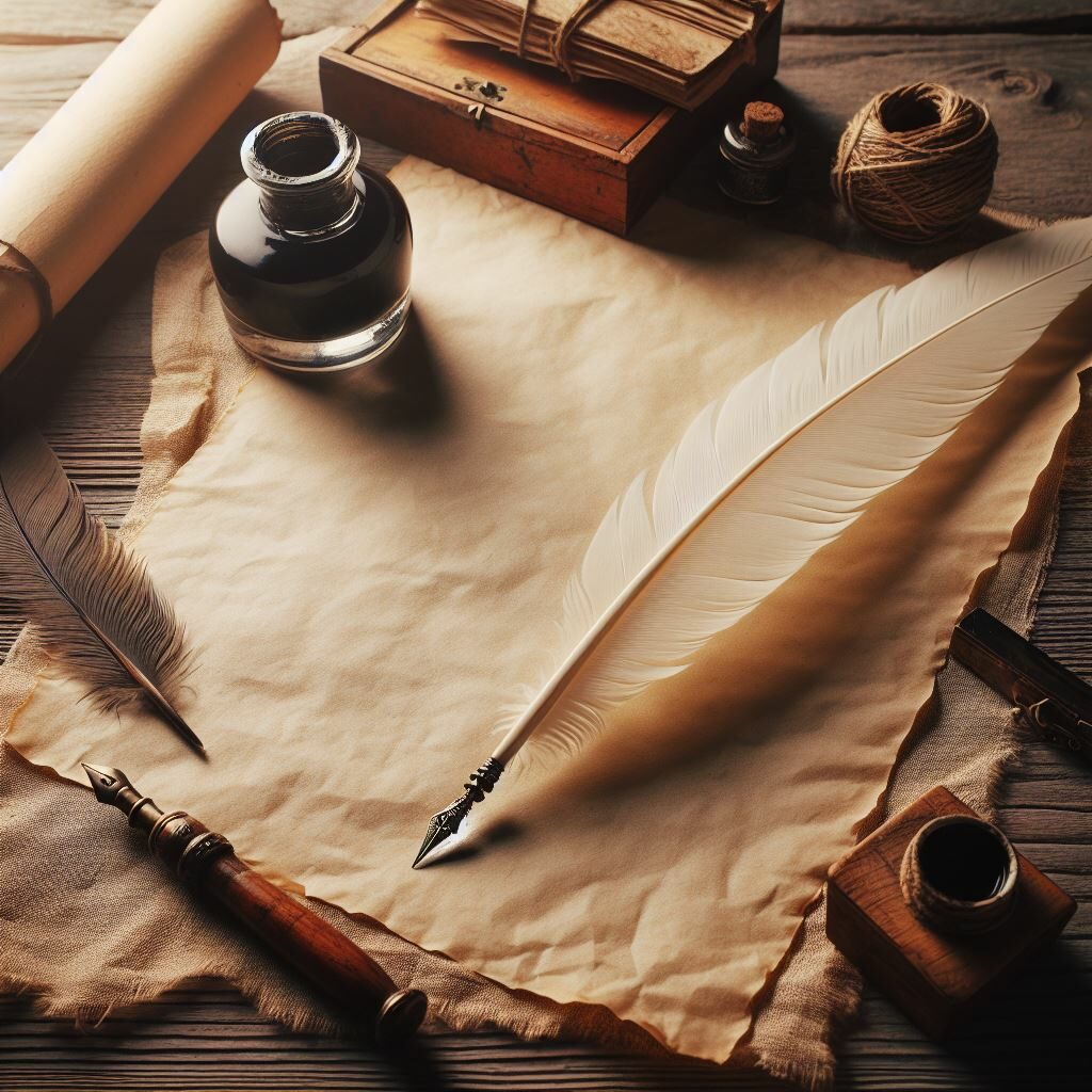Foglio di pergamena chiaro appoggiato su un tavolo di legno con sopra adagiata una penna d'oca e accanto un calamaio.